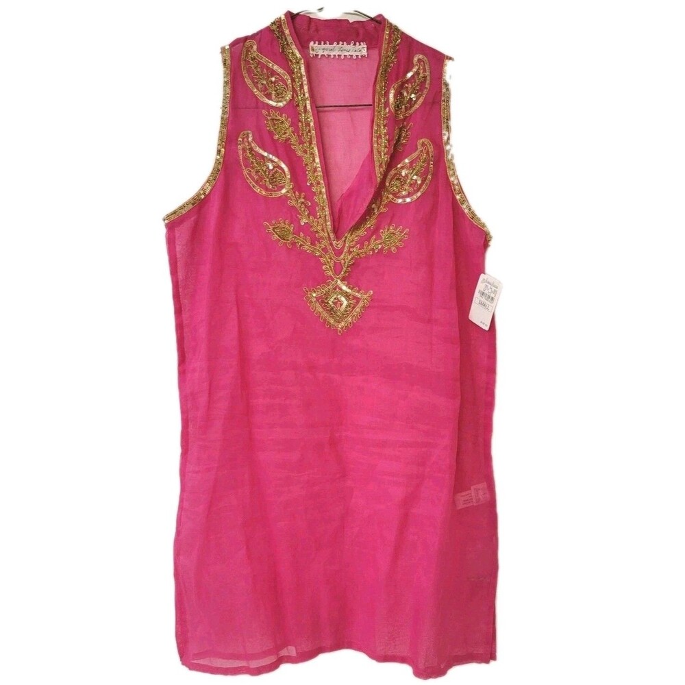 Neiman Marcus Pink Sheer Cotton Beach Tunic Cover Up Gold Embellished NWT - Picture 2 of 14